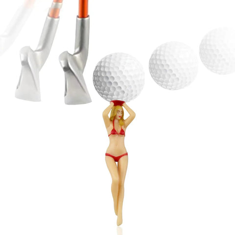 Funny Bikini Style Golf Tees For Women 6 Pack Plastic Tees Set with bikini-shaped tee holding golf ball, visible golf tees