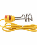 Fast As Lightning 1500W Immersion Water Heater Stainless Steel Portable Electric Kettle with yellow cord and spiral design.