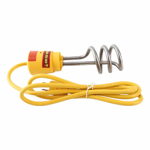 Fast As Lightning 1500W Immersion Water Heater Stainless Steel Portable Electric Kettle with yellow cord and spiral design.