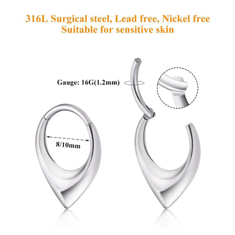 Thick V Shaped 16G Septum Ring 8mm Gold 316L Surgical Steel Puffed Hinged Teardrop Clicker Hoop