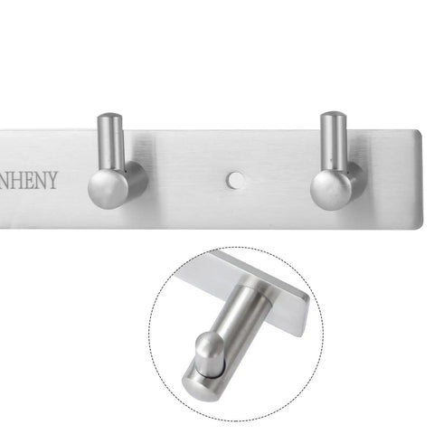 Close-up of Wall Mounted 17 Inch Towel Rack With 7 Heavy Duty Hooks No Fuss Easy Install Coat Rail in stainless steel finish.
