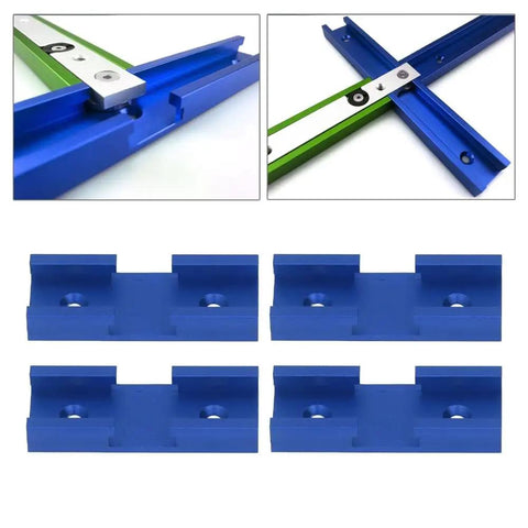Four Piece T Track Intersection Kit for Woodworking with 80mm aluminum cross-track clamps in blue and green color for stable joints.