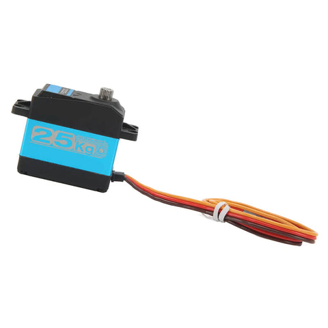 Heavy Duty All Metal Digital Servo Packed With Hella Strong 25kg Torque And Quick 180 Rotation For Water Resistant RC Crawler Truck Parts and Off Road Mods, showing a side view with colorful wires.
