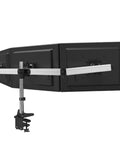 Heavy Duty Dual Monitor Desk Mount Featuring Fluid Mechanical Arms Quick Height Adjustments And Rock Solid Clamping Base with dual displays.