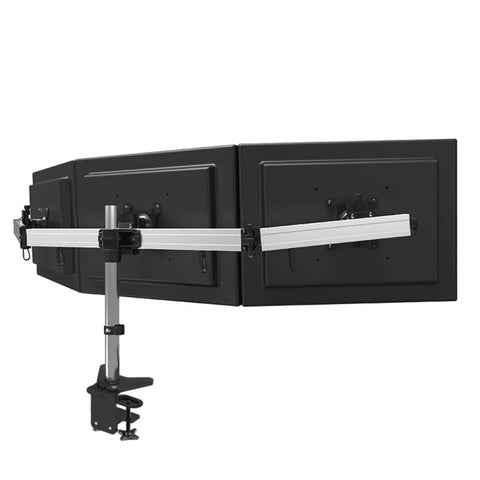 Heavy Duty Dual Monitor Desk Mount Featuring Fluid Mechanical Arms Quick Height Adjustments And Rock Solid Clamping Base with dual displays.