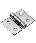 Close-up of stainless steel damping torque cabinet hinge; two mounting plates with screw holes, 1 piece