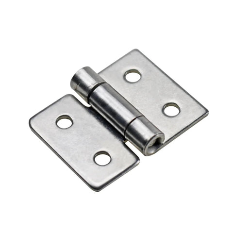 Close-up of stainless steel damping torque cabinet hinge; two mounting plates with screw holes, 1 piece