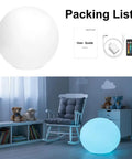 16 Inch Rechargeable LED Globe Light with Remote, RGB Orbs, shown in indoor setting with accessories like remote and charger