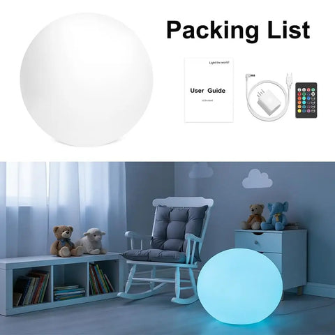 16 Inch Rechargeable LED Globe Light with Remote, RGB Orbs, shown in indoor setting with accessories like remote and charger