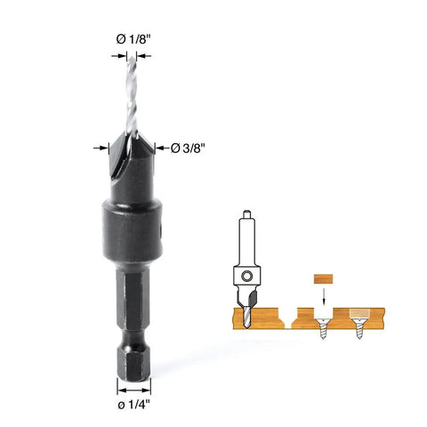 Hardcore Industrial Grade Quick Countersink One Eighth Inch Diameter Straight Cutting Tip For Fine Woodworking Cabinet Making And Metal Fabrication showing detailed measurements.