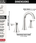 Esato Widespread Bathroom Faucet Chrome Finish With Drain Assembly Included Three Hole Deck Mount Sink Faucet Durable Brass Construction Modern Look Lifetime Limited Warranty with installation dimensions and diagram showing spout reach and height.