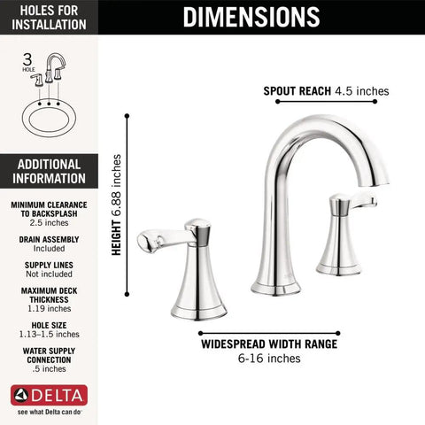 Esato Widespread Bathroom Faucet Chrome Finish With Drain Assembly Included Three Hole Deck Mount Sink Faucet Durable Brass Construction Modern Look Lifetime Limited Warranty with installation dimensions and diagram showing spout reach and height.