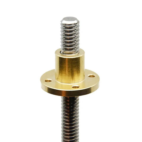 T10 Brass Lead Screw Nut With Acme Thread And 2mm Pitch For 3D Printer And CNC Machine Z Axis showing detailed brass nut and threaded rod.