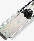 Close-up of heavy duty locking drawer slides with soft close telescoping ball bearing rails, 600mm industrial drawer runners for cabinets.