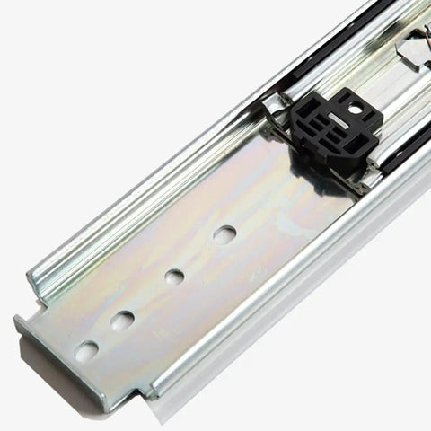 Close-up of heavy duty locking drawer slides with soft close telescoping ball bearing rails, 600mm industrial drawer runners for cabinets.