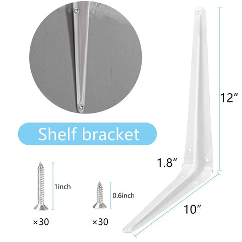 Rock Solid Heavy Duty White Shelf Brackets 10 Pack with 12" height and 10" length for sturdy storage solutions.