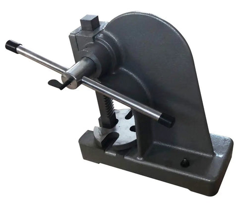 2-Ton Heavy-Duty Arbor Press With Cast Iron Frame, shown with steel handle and adjustable anvil for press-fit work