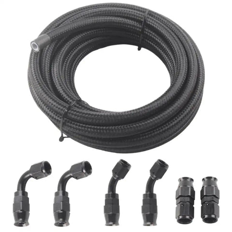 Top Grade E85 Ready Nylon Braided PTFE Fuel Line Kit With Swivel Hose Ends In An6 An8 And An10 Sizes For Hot Rigs And Street Racer Builds Featuring Long 10ft Length In Durable Black Finish To Upgrade Your Ride Today, coiled black braided fuel hose with AN fittings