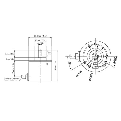 Two Phase Hollow Shaft Incremental Rotary Encoder 3000 To 6000 RPM DC 5 To 24V With 5 Point 7 Foot Cable Industrial Automation Sensor For Motors CNC Robotics Lightweight Durable Easy Install dimension drawing with cable length