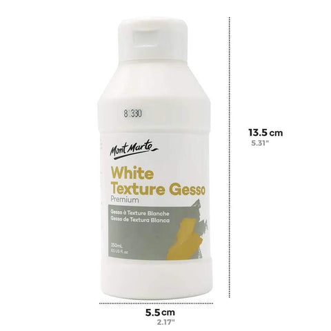 Front view of Premium White Texture Gesso 250ml bottle, suitable for artists; ideal for acrylic, oil, pencils, pastels, graphite, charcoal.