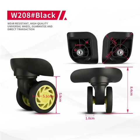 Universal Replacement Luggage Wheels With Silent Heavy Duty Rubber Casters for smooth 360 motion, shown with detailed size measurements.