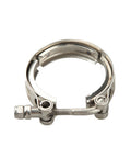 Close-up of stainless 2.25 Inch Self Aligning V Band Clamp Kit With 2.25 Inch Stainless V Band Clamp And CNC Billet Mild Steel Flanges Universal Turbo Exhaust Connection Plug And Play Easy Fit.