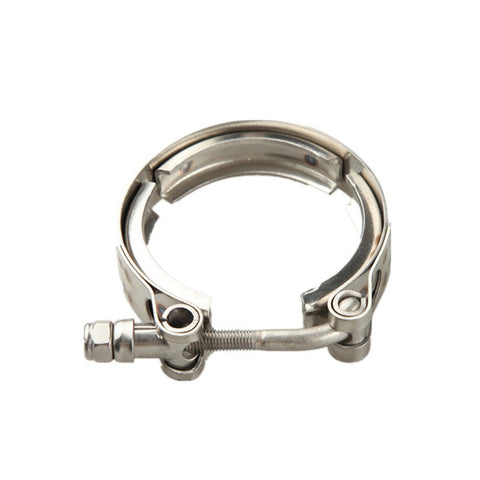 Close-up of stainless 2.25 Inch Self Aligning V Band Clamp Kit With 2.25 Inch Stainless V Band Clamp And CNC Billet Mild Steel Flanges Universal Turbo Exhaust Connection Plug And Play Easy Fit.