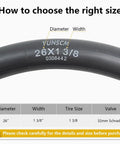 Diagram showing dimensions for 26x1 3/8 bike tire inner tube, featuring Two Pack Heavy Duty Bike Tire Inner Tubes 26 By 1 3 Eighths Inches AV32mm Schrader Valve 37-590 ETRTO Compatible Replacement Tubes For 26 By 1 3 Eighths Inches Wheels Ride Ready Tough As Nails