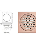 Slick Rose Gold Bathtub Stopper Pairing With Top Tier Brass Floor Drain For Your Bath Setup featuring a square drain cover design.
