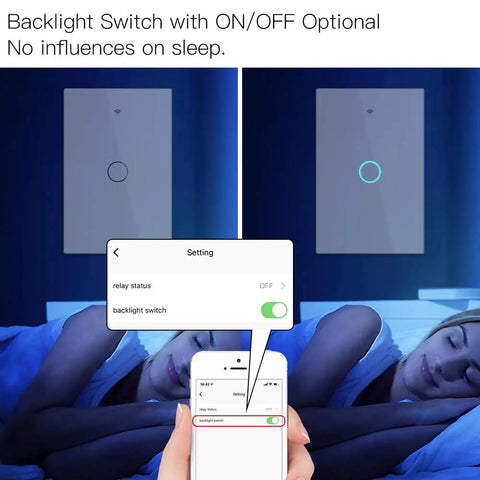 Smart WiFi Wall Touch Light Switch With Neutral Wire Required Two Point Four GHz Network Three Way Multi Control Glass Panel Works With Smart Life Tuya App RF433 Remote Control Alexa And Google Home White One Gang shown with sleeping person and phone app interface adjusting backlight.