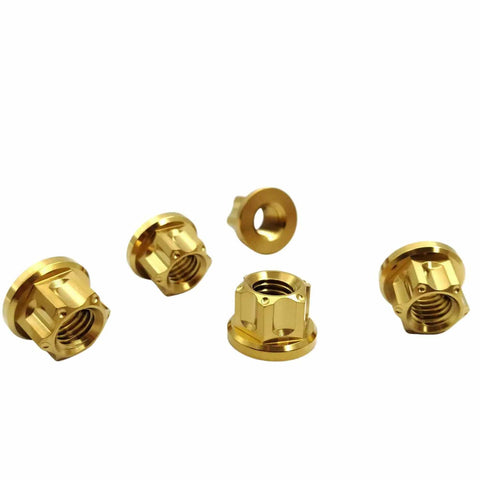 Beefy Aerospace Grade Titanium Nuts M6 M8 M10 M12 Hex Flange Bolts For Locomotive Motorcycle Bicycle Car Boat Brake Accessories Pack Of 5 Gold Finish High Strength And Corrosion Resistant displayed in gold color.
