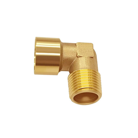 Top Shelf 2 Piece Brass Street Elbow Pipe Fitting 90 Degree 1/4 Inch Npt Male Female Connection Heavy Duty Forged Plumbing Hardware close-up view.