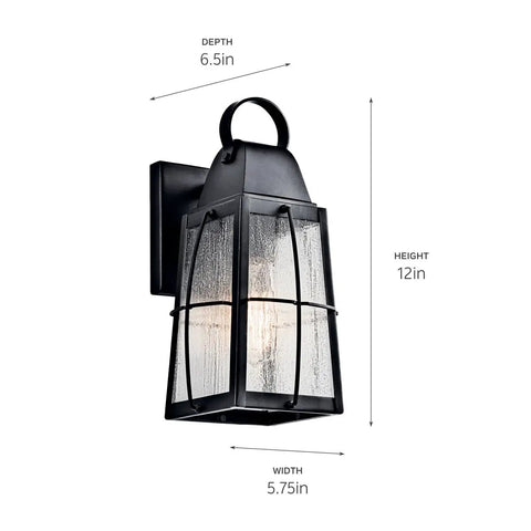 Tolerand 12 Inch Outdoor Wall Light In Textured Black With Clear Seeded Glass 1 Light Exterior Sconce For Porch And Patio