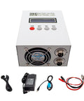 A20 Pro Grade Battery Capacity Tester for Lithium and Lead Acid Cells With 4-Wire Test LCD Display for Voltage, Current, Capacity, Time, and Power, USB TTL Computer Connection, Ultra-Precise Monitoring, white metal bench unit with cables