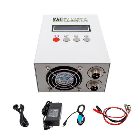 A20 Pro Grade Battery Capacity Tester for Lithium and Lead Acid Cells With 4-Wire Test LCD Display for Voltage, Current, Capacity, Time, and Power, USB TTL Computer Connection, Ultra-Precise Monitoring, white metal bench unit with cables