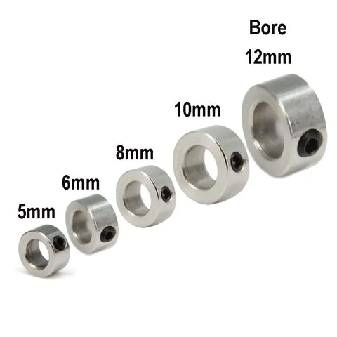 Set of shaft collars, bore sizes 5mm to 12mm, carbon steel nickel plated. Includes 10mm Shaft Collar Lock Ring Set For 3D Printer Parts.