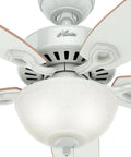 Close-up of a 52 Inch White Indoor Ceiling Fan With LED Light And Pull Chain, Standard Mount, 5 Blades, Includes Bulbs, Perfect For Bedroom Or Living Room, No Remote For Quick Setup