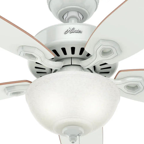 Close-up of a 52 Inch White Indoor Ceiling Fan With LED Light And Pull Chain, Standard Mount, 5 Blades, Includes Bulbs, Perfect For Bedroom Or Living Room, No Remote For Quick Setup