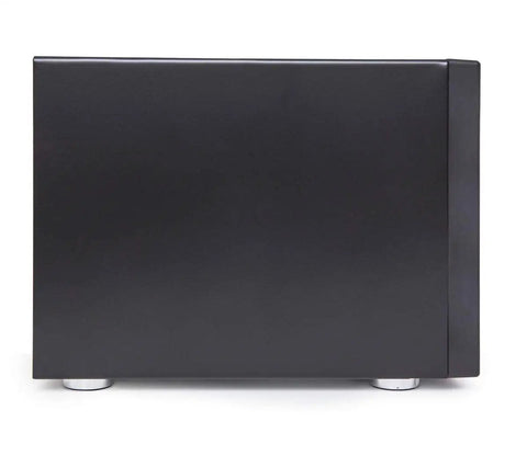 Heavy Duty 5 Bay External Hard Drive Enclosure In Sleek Black side view showcasing smooth finish and silver feet.