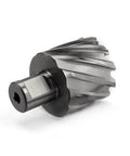 Angled side view of annular cutter with 1-5/8 in diameter and 3/4 in Weldon shank (HSS).