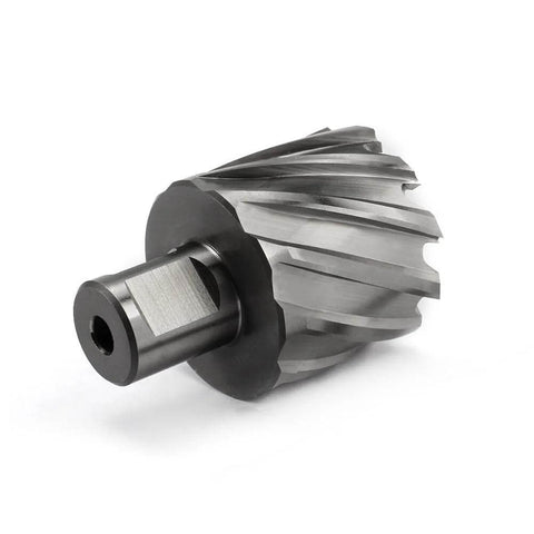 Angled side view of annular cutter with 1-5/8 in diameter and 3/4 in Weldon shank (HSS).