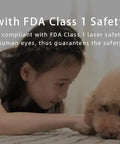 Child and dog on floor, compliant with FDA Class 1 laser safety standard, ensuring safety for humans and pets.