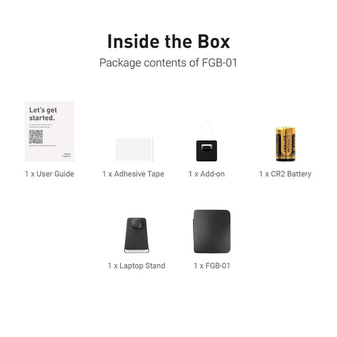 Contents of FGB-01, including user guide, adhesive tape, add-on, CR2 battery, laptop stand for Remote PC Power Control Switch For Booting From Shutdown, Instant Crash Recovery And Forced Reboot, Compatible With Comet GL RM1 And GL RM1PE PoE, Easy Setup, Adapted KVM Switches For IT Pros And Twenty Four Seven Uptime.