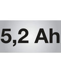 Close-up of 5,2 Ah battery specification label for Straight Up Workhorse Cordless Drill featuring dual speed modes.