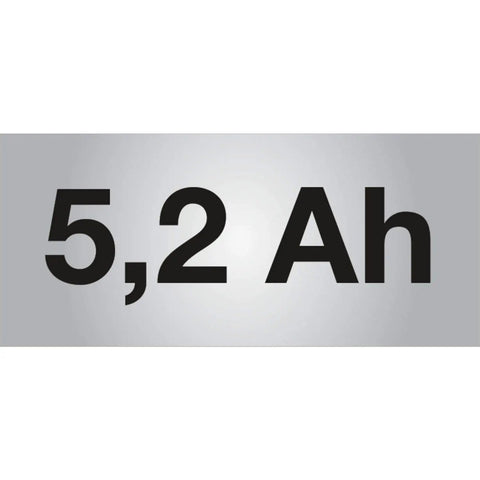 Close-up of 5,2 Ah battery specification label for Straight Up Workhorse Cordless Drill featuring dual speed modes.