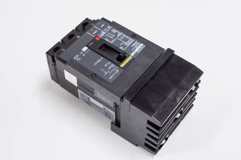 Heavy Duty 3 Pole Molded Case Circuit Breaker 90 Amp 600 Volt Unit Mount H-Frame PowerPacT, angled view showing specifications.