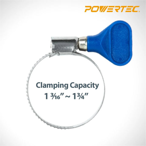 POWERTEC 1-1/2 inch stainless steel hose clamp with blue plastic thumb-screw handle