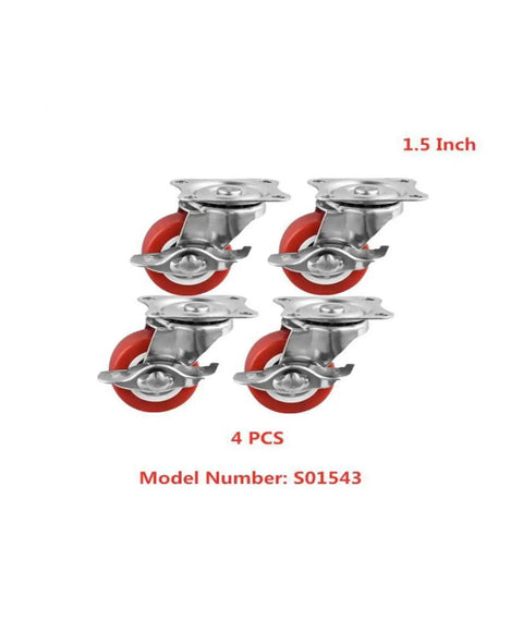 Pack Of 4 1.5 Inch Swivel Brake Casters With Flat Side Rollers Red PVC Wheels For Furniture And Coffee Tables, model S01543
