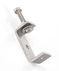 Angled side view of a 65mm stainless steel C-clamp with adjustable screw and wide jaw.