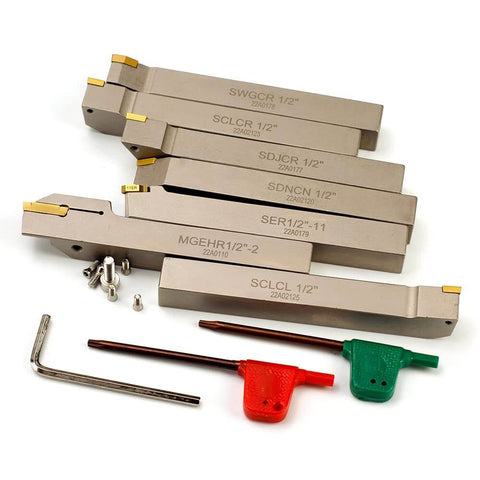 Heavy Duty 1/2 Inch Shank Indexable Lathe Tool Set With Nickel Plated CNC And Metal Lathe Tool Holders For Turning Grooving Threading Parting And Cut Off 7 Piece Kit Durable And Corrosion Resistant Built To Last displayed with tools and accessories